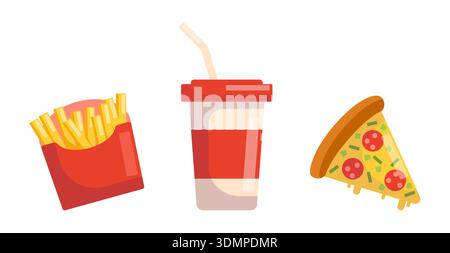 Fast Food Icons Fries Soda und Pizza Slice Stock Vektor