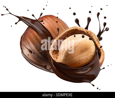 Haselnuss- und Schokoladenspritzer auf weißem Hintergrund. Stockfoto