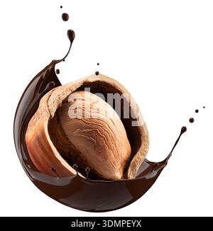 Haselnuss- und Schokoladenspritzer auf weißem Hintergrund. Stockfoto