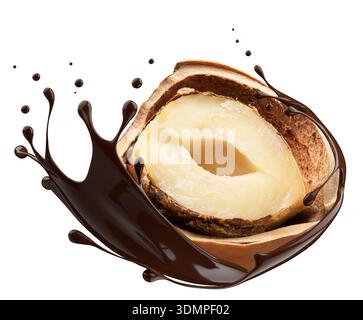Haselnuss- und Schokoladenspritzer auf weißem Hintergrund. Stockfoto