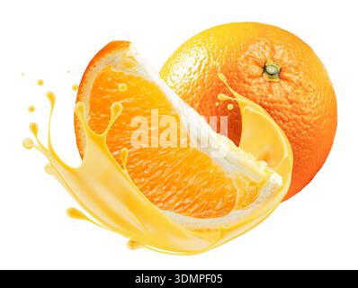 Orangenfrucht mit Saftspritzer isoliert auf weißem Hintergrund. Beschneidungspfad. Stockfoto