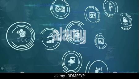 Bewegliche kreisförmige Technologiesymbole, die auf dem blaublauen Dashboard animiert werden und Server und Datenbanken anzeigen Stockfoto