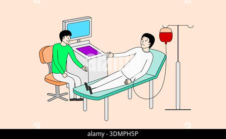 Der Mann wird in einem Krankenhausbett behandelt, während ein Mann seine Hand hält. Der Mann ist an eine Maschine angeschlossen und hat eine rote IV im Arm. Die Szene ist seriou Stock Vektor