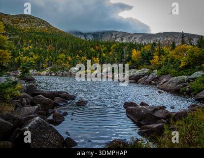 Chimney Pond Trail Wanderung im Baxter State Park, Maine, mit Peak Herbstlaub an einem bewölkten Tag Stockfoto
