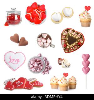 Verschiedene herzförmige Süßigkeiten für Valentinstag-Feier isoliert auf weiß, Set Stockfoto
