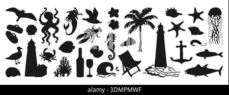 Handgezeichnete Küstenillustration, Ozean Reise Stempel mit Mittelmeer Reise Silhouette Aufkleber. Italienische Sommerstimmung mit Wein und Meeresfrüchten in Amalfiküste Stock Vektor