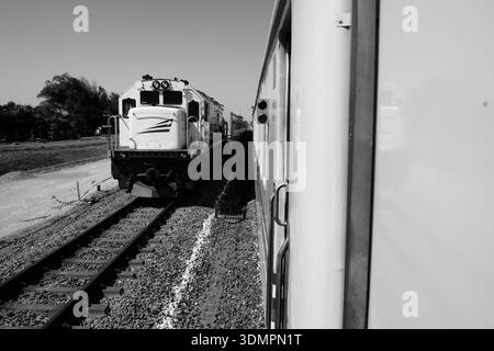 Ein auffälliges Schwarz-weiß-Foto zeigt zwei Züge auf parallelen Bahngleisen. Ein Zug befindet sich im Vordergrund, von seiner Seite gesehen, während Anothe Stockfoto