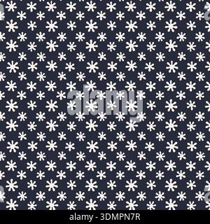 Modernes nahtloses Muster mit weißem Sternchen und Sternformen auf einem dunkelmarineblauen Hintergrund. Minimalistische geometrische Vektor-Illustration, perfekt für Wintertextilien, Weihnachtsgeschenk-Verpackung und Dekor. Stock Vektor