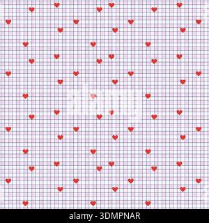 Nahtlose Illustration des minimalen roten Herzrastermusters des Vektors. Moderner Hintergrund mit Liebessymbol auf kariertem Gitter, perfekt für Valentinstag, romantische Hochzeitsmotive, Textilien und digitale Tapeten. Stock Vektor