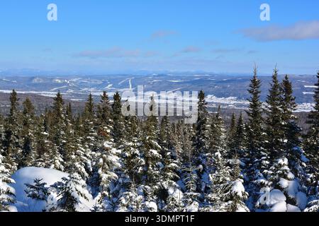 Sonniger Panoramablick auf das Charlevoix-Tal und die Skipisten Stockfoto