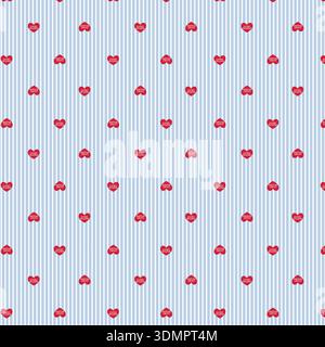 Nahtloses Valentinstag-Muster mit roten Herzen auf hellblau gestreiftem Hintergrund. Niedliche romantische Feiertagsillustration Stock Vektor