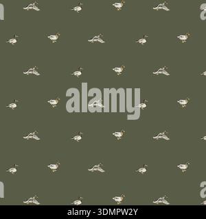 Ein hochwertiges nahtloses Vektormuster mit charmanten Vintage-Gänsen in verschiedenen Posen. Vor einem tiefen moosgrünen Hintergrund, dieser rustikale Stock Vektor