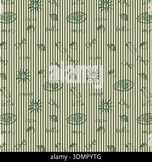 Nahtloses Muster mit handgezeichneten italienischen Wörtern und Symbolen auf grünem und beigefarbenem gestreiftem Hintergrund. Elegante mediterrane Vektor-Illustration für Stock Vektor