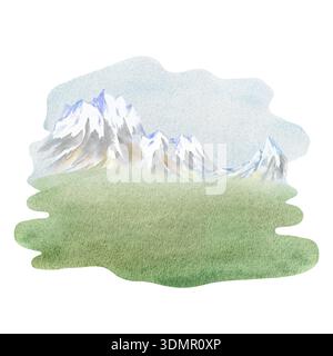 Berglandschaft. Handgezeichnete Aquarellillustration. Perfekt für Hintergründe, Banner, Poster, Verpackungsdesign, Etiketten, und vieles mehr. Stockfoto