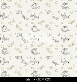 Niedliches nahtloses Vektormuster mit Zeichentrickflugzeugen, Hubschraubern, Sternen und Sonne. Handgezeichnete minimale Illustration für Kindergewebe, Kindertagetapeten, Geschenkpapier, Textil- und Oberflächendesign. Stock Vektor