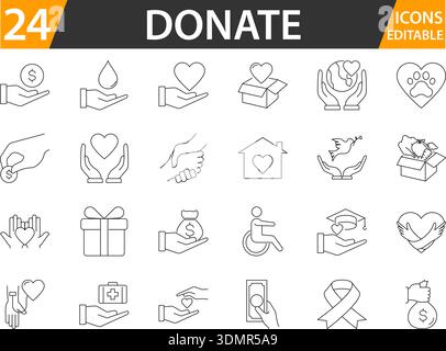 Symbolgruppe „Linie spenden“ mit bearbeitbaren Konturen. Stock Vektor