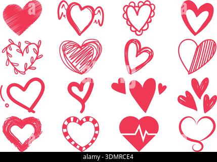 Handgezeichnete rote Herz-Doodle-Kollektion – romantische Liebesskizzen, niedliche Herzsymbole und ausdrucksstarke Herz-Illustrationen Stock Vektor