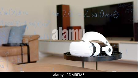 Sitzendes VR-Headset auf schwarzem Beistelltisch in der Lounge mit Sofa, AR-Overlay, Kopierraum Stockfoto