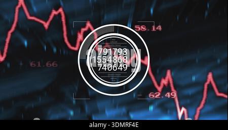 Anzeige des zentralen HUD auf dem virtuellen Dashboard, mit drei gestapelten Anzeigen und einem roten gezackten Diagramm Stockfoto