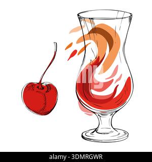 Moderner Tequila Sunrise, Mai Tai, Obst- oder Beerenlimonade, roter und Orangensaft wirbeln mit Flüssigkeitstropfen in handgezeichnetem Highball-Glas. Tintenvektor für Stock Vektor