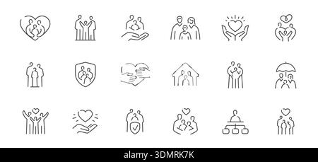 Symbole für Familienschutz, Pflege und Support. Lineare Stil Symbole Vektor Sammlung für Gesundheitswesen, Versicherung Stock Vektor