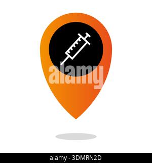 Marker für die Impfstelle. Medizinisches Spritzensymbol. Leuchtender orangefarbener Vektor. Aussergewöhnlicher Klinikplatz Stock Vektor