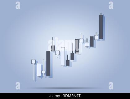 Die Abbildung zeigt ein Candlestick-Diagramm mit Aufwärtstrends an einem Finanzmarkt. Sie repräsentiert Aktivitäten wie Handel, Kauf und Verkauf Stock Vektor