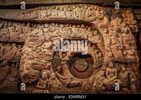 Das endlose Rad des Lebens, unterirdischer Palast, orientalischer Buddha Park, Leshan Stadt, Sichuan, China, Asien. Stockfoto