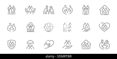 Symbole für Familie, Pflege und Schutz. Lineare Stil Symbole Vektor Sammlung für Gesundheitswesen, Versicherung Stock Vektor