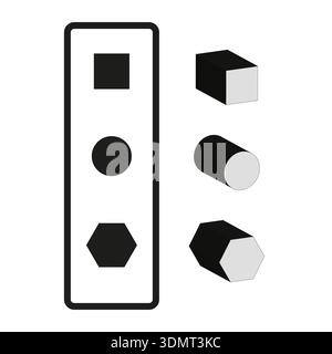 Symbole für geometrische Formen. 3D-Formvektor. Mathematische Figuren. Würfelzylinder Art. EPS 10. Stock Vektor