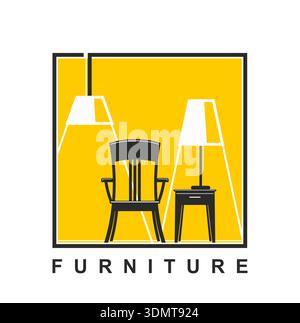 Wohnzimmereinrichtung und Möbel Vektor-Symbol. Klassischer Holzstuhl, Nachttisch steht zwischen Pendelleuchten in einem gelben rechteckigen Rahmen. Inneneinrichtung, Möbel, Wohnkultur-Geschäft Icon Stock Vektor