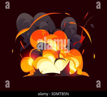 Bombenexplosion und magischer Boom-Effekt, rote Feuerwolke. Vektor-Feuerball mit heller Flamme und Rauch, leuchtendem Orange und Gelb, vfx-Burst für magischen Kampf, Fantasy-Spiel und Comic-Angriff Stock Vektor