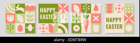 Vier geometrische Osterkarten mit Blumenmustern und Häschen-Illustrationen Stock Vektor