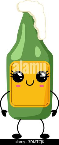 Cartoon-Flasche Bier mit fröhlichem Gesicht und schäumendem Oberteil im Kawaii-Stil Stock Vektor
