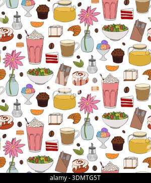 Café-Inneneinrichtung und nahtloses Essen. Handgezeichnete Abbildung. Farbige Grafik mit grafischer Vektorlinie. Banner, Poster, Geschenkpapier, Aufkleber, Druck, Stock Vektor