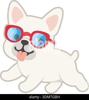 Niedlicher Cartoon französischer Bulldog-Welpe mit hellroter Sonnenbrille mit blauen Gläsern. Stock Vektor