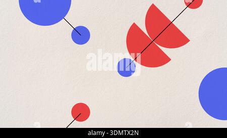 Leuchtend farbige geometrische rote und blaue Formen und schwarze Linien auf strukturiertem Papierhintergrund. Abstrakter hochauflösender grafischer Hintergrund, Kopierraum. Stockfoto