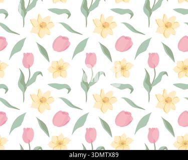 Nahtloses Blumenmuster mit rosa Tulpen, gelben Narzissen und grünen Blättern auf weißem Hintergrund. Ideal für Stoffdesign, Tapeten und Frühjahr Stock Vektor