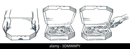 Italienische Pizzaschachteln in Händen, geschlossen und offen. Essenspackungen zum Mitnehmen. Servicekonzept für die Lieferung von Speisen. Vektor Hand gezeichnete Skizze Illustration der Mahlzeit Stock Vektor