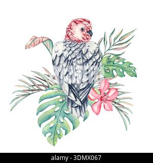 Papagei in Palmblättern. Aquarellillustration des Vogels im Dschungel. Handgemalte Vögel, Blumen und Palmblätter. Tropische rosa Papageien, Dschungel Stockfoto