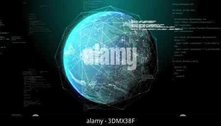 Rotierender 3D-Globus im dunklen Cyberspace, Anzeige von Drahtmodellnetzwerken, leuchtenden Knoten, Floating Code Stockfoto