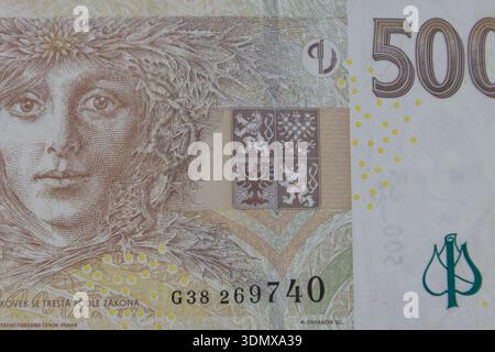 Makroaufnahme einer Banknote von 500 tschechischen Kronen Stockfoto
