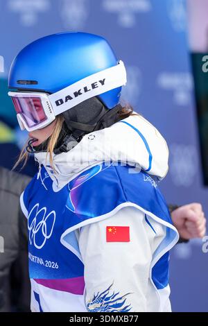 02.07.2026, Livigno, Snow Park, Slopestyle Qualifying Womens, kranke Eileen Gu aus China Stockfoto