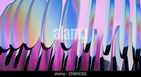 Mehrere Discs sind aufeinander ausgerichtet und erzeugen abstrakte, farbenfrohe Reflexionen und Schatten. 3D-Rendering Stockfoto