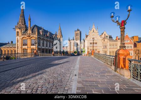 Gent, Belgien, St. Michael Bridge, Fluss Leie im historischen Stadtzentrum von Flandern. Stockfoto