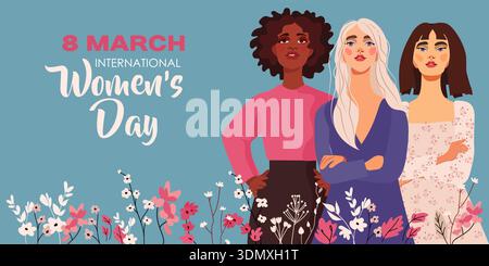 Karte für den 8. März. Poster zum Internationalen Frauentag. Frauen, Mädchen verschiedener Kulturen, Nationalitäten und Hautfarben Stock Vektor