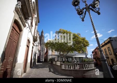 plaza del Doctor joaquin blanco und calle Gourie mit Kopfsteinpflaster, die zur Kirche iglesia de san juan bautista de arucas in der historischen Stadt führt Stockfoto