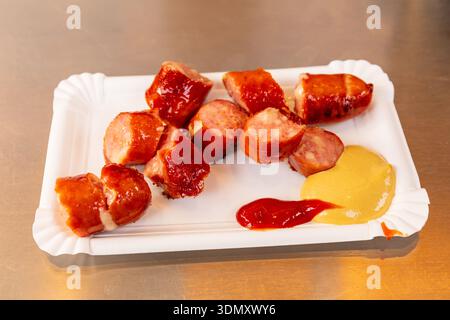 Käsekrainer Schweinefleisch- und Käsewürste Bitzinger Würstelstand, ein berühmter Würstelstand im Albertinaplatz, Wien, Österreich. Stockfoto