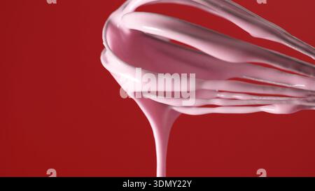 Pinkfarbener Teig in einer Schüssel vor rotem Hintergrund während einer Backsitzung in der Küche schlagen Stockfoto