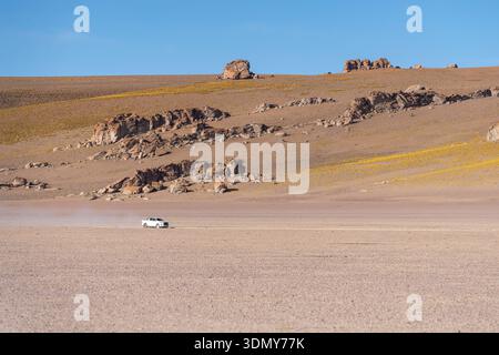 Ein weißer Geländewagen fährt über eine karge Feldstraße, umgeben von felsigem Gelände und weiten offenen Flächen des Altiplano Andino, Argentinien, unter einem klaren B Stockfoto